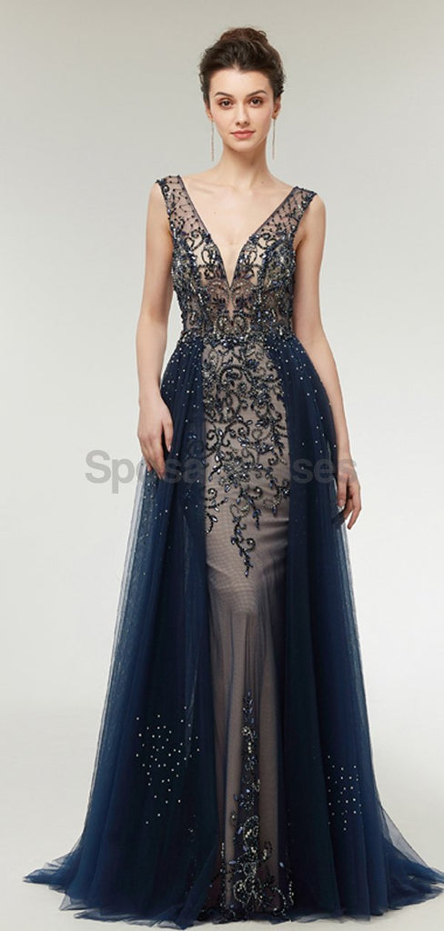Sexy Backless V Neck Heavily Beaded Navy Long Evening Prom Dresses, Evening Party Prom Dresses, 12006