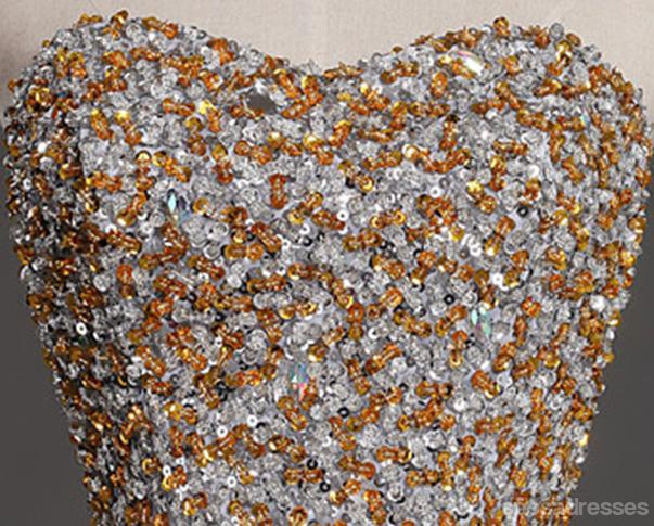 Strapless Sweetheart Grey Tulle Beaded A-line Long Evening Prom Dresses, 17618