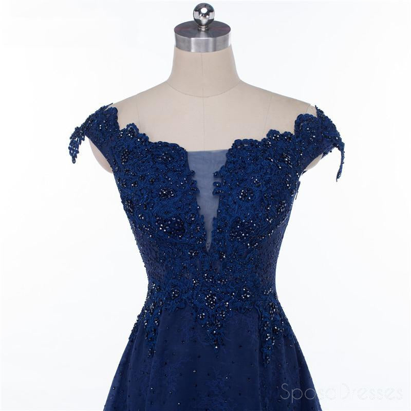 Cap Sleeve Navy Blue See Through A line Lace Beaded Long Evening Prom Dresses, Popular Cheap Long 2018 Party Prom Dresses, 17229