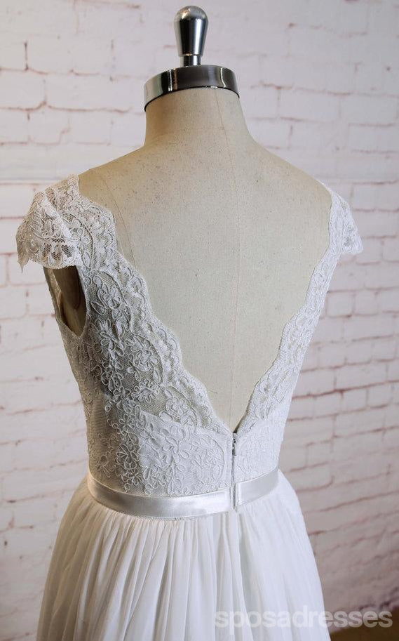 Lace Cap Sleeves V Neck Cheap Beach Wedding Dresses Online, WD375