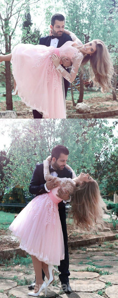 Long Sleeve Pink Lace Short Cheap Homecoming Dresses Online, CM585