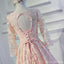 Long Sleeve Light Peach Open back Lace Cute Homecoming Prom Dresses, Affordable Short Party Prom Dresses, Perfect Homecoming Dresses, CM317