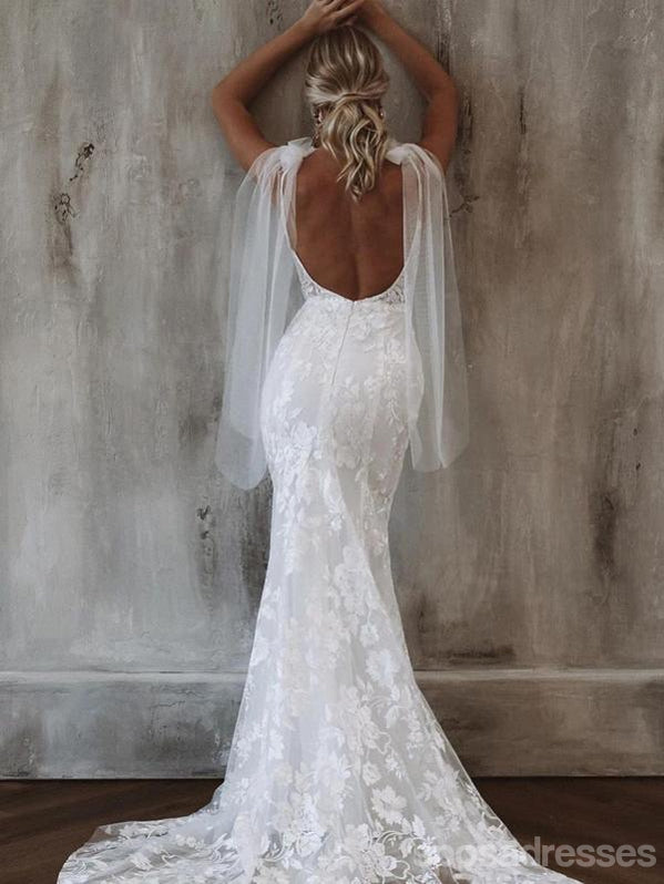 Sexy Long Mermaid Sleeveless V-neck Handmade Lace Wedding Dresses,WD777