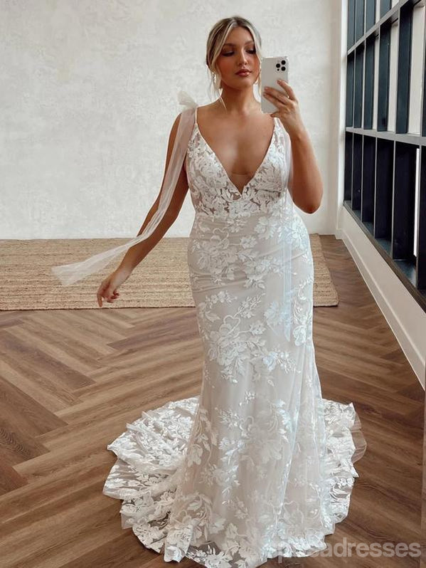 Sexy Long Mermaid Sleeveless V-neck Handmade Lace Wedding Dresses,WD777