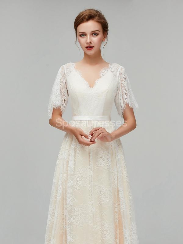 Champagne Short Sleeves Lace A-line Cheap Wedding Dresses Online, Cheap Bridal Dresses, WD561