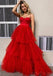 Spaghetti Straps Red Ruffle A-line Tulle Long Evening Prom Dresses, Evening Party Prom Dresses, 12181