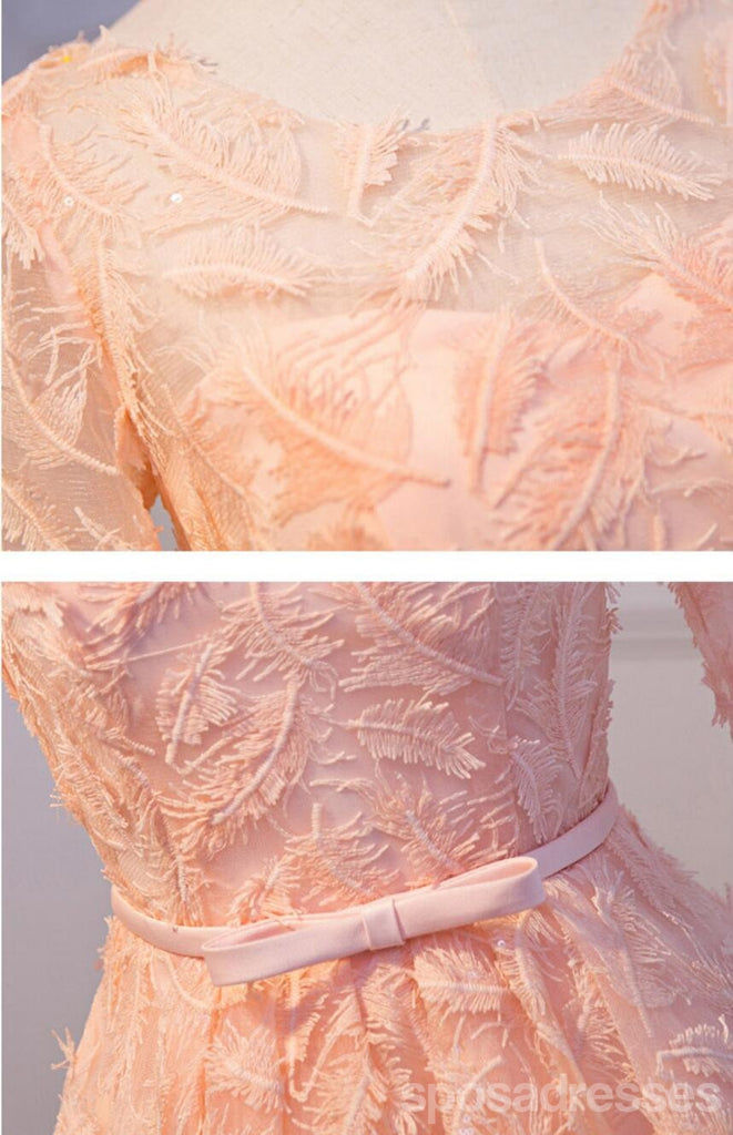 Long Sleeve Peach Open back Lace Cute Homecoming Prom Dresses, Affordable Short Party Prom Dresses, Perfect Homecoming Dresses, CM316