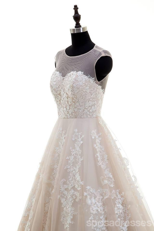 Sexy Open Back Illusion Lace Tulle A-line Wedding Dresses Online, WD368