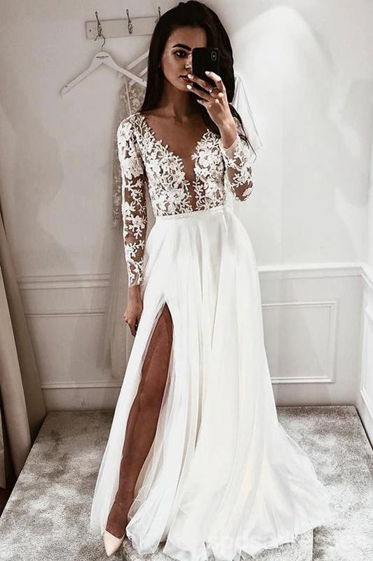 Long A-line Side Slit Long Sleeves Handmade Lace Wedding Dresses Online,WD749