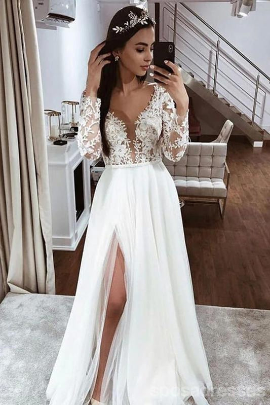 Long A-line Side Slit Long Sleeves Handmade Lace Wedding Dresses Online,WD749