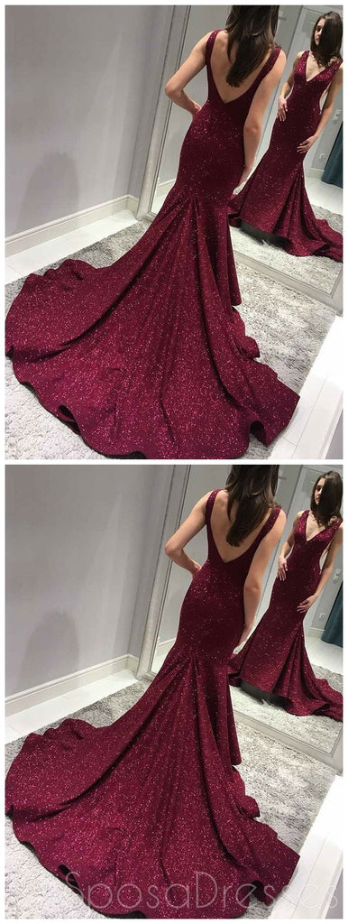 Sexy Backless Maroon Sequin Mermaid Side Slit Long Evening Prom Dresses, Sparkly Sweet 16 Dresses, 18341