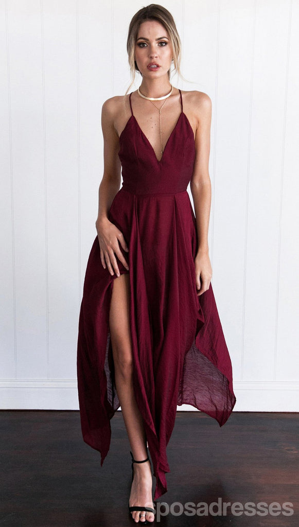 Simple Dark Red High How Side Slit Cheap Homecoming Dresses 2018, CM512