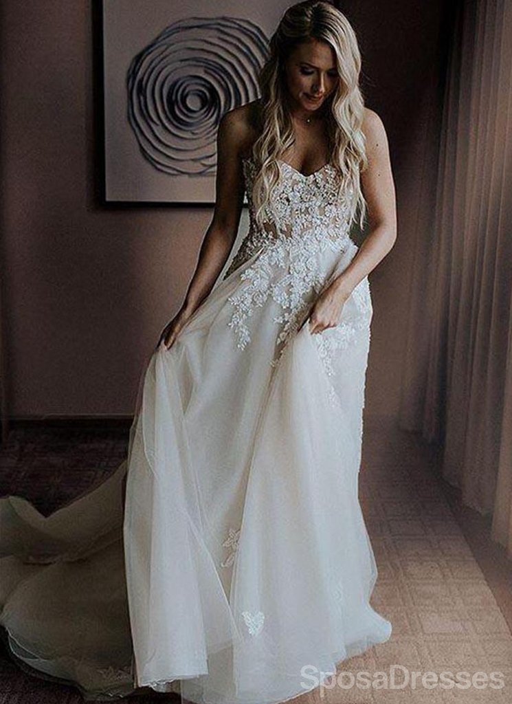 Sweetheart Lace See Through Cheap Wedding Dresses Online, Cheap Unique Bridal Dresses, WD596