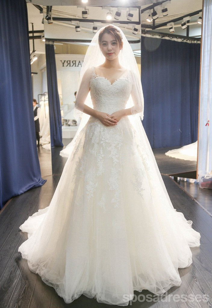 V Neckline Tulle Lace A line Wedding Dresses, Custom Made Long Wedding Gown, Cheap Wedding Gowns, WD203