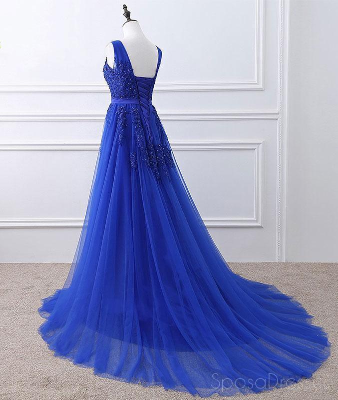 Royal Blue V Neck Lace Beaded Applique Long Evening Prom Dresses, Cheap Sweet 16 Dresses, 18426