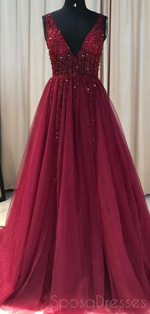 See Through V Neck Dark Red Beaded Long Evening Prom Dresses, Cheap Custom Party Prom Dresses, 18590