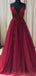 See Through V Neck Dark Red Beaded Long Evening Prom Dresses, Cheap Custom Party Prom Dresses, 18590