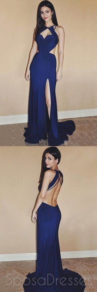Sexy Cheap Backless Side Slit Royal Blue Mermaid Long Evening Prom Dresses, 17390