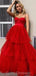 Spaghetti Straps Red Ruffle A-line Tulle Long Evening Prom Dresses, Evening Party Prom Dresses, 12181