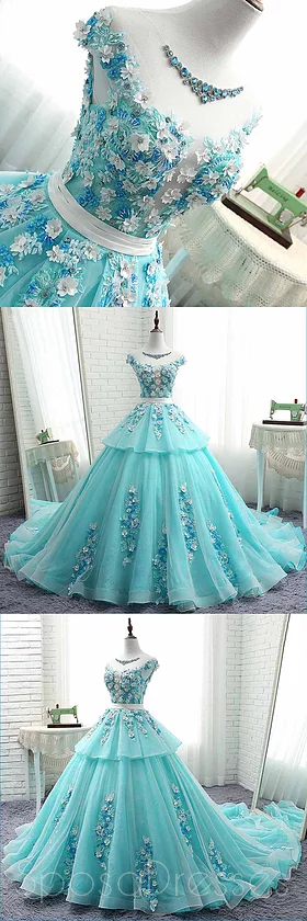 Scoop Cap Sleeves Tiffany Blue Lace Long Evening Prom Dresses, Cheap Custom Sweet 16 Dresses, 18522