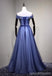 Off Shoulder Blue Tulle Beaded A-line Long Evening Prom Dresses, 17621