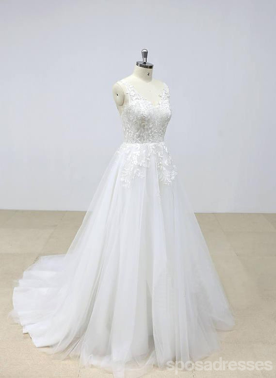 Elegant Backless Lace V Neck Tulle A-line Cheap Wedding Dresses Online, WD390