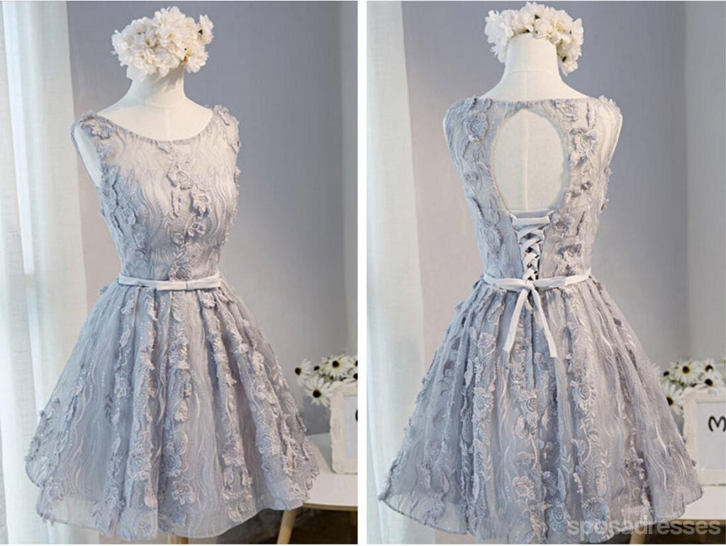 Open Back Gray Lace Scoop Neckline Homecoming Prom Dresses, Affordable Short Party Prom Dresses, Perfect Homecoming Dresses, CM274