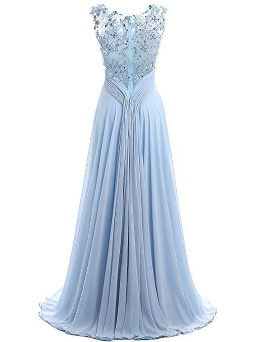 Light Blue Lace See Through Chiffon Long Evening Prom Dresses, 17529