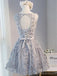 Open Back Gray Lace Scoop Neckline Homecoming Prom Dresses, Affordable Short Party Prom Dresses, Perfect Homecoming Dresses, CM274