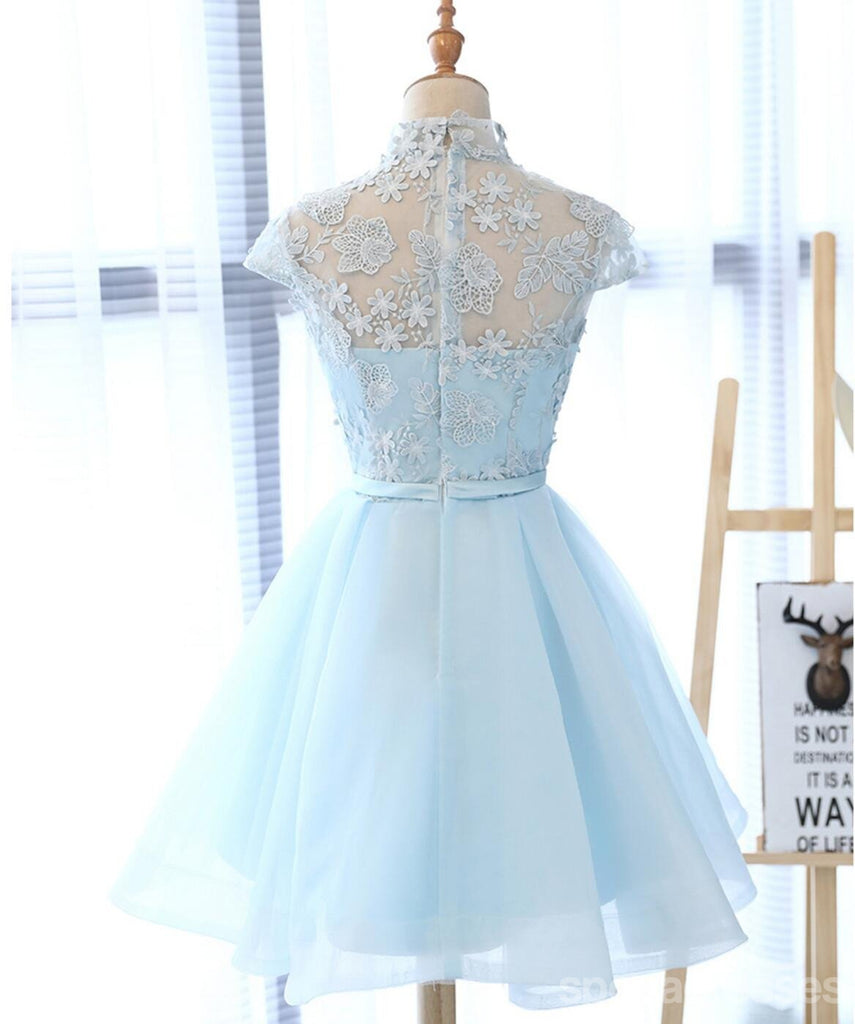 High Neckline Light Blue Cute Homecoming Prom Dresses, Affordable Sweet 16 Dresses, CM331