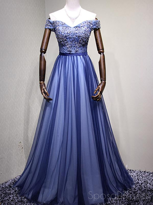 Off Shoulder Blue Tulle Beaded A-line Long Evening Prom Dresses, 17621
