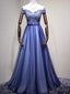 Off Shoulder Blue Tulle Beaded A-line Long Evening Prom Dresses, 17621