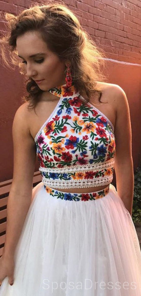 Halter Two Pieces Embroidery White Long Evening Prom Dresses, Cheap Custom Sweet 16 Dresses, 18457