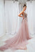 Grey Pink Beaded A-line Cheap Long Evening Prom Dresses, Evening Party Prom Dresses, 18623