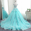 Scoop Cap Sleeves Tiffany Blue Lace Long Evening Prom Dresses, Cheap Custom Sweet 16 Dresses, 18522