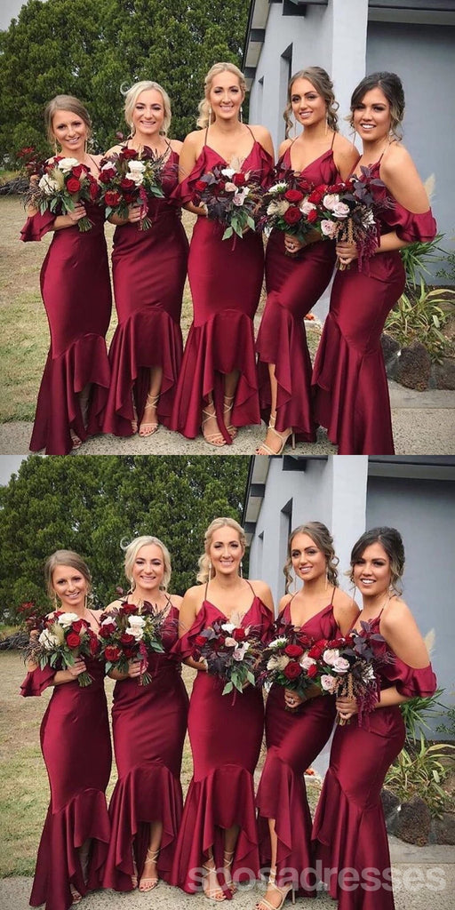 Halter Dark Red Mermaid High Low Cheap Bridesmaid Dresses Online, WG683