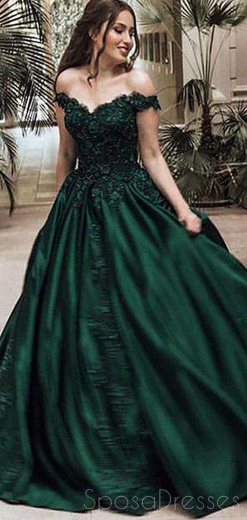 Off Shoulder Dark Green A-line Long Evening Prom Dresses, Cheap Sweet 16 Dresses, 18366