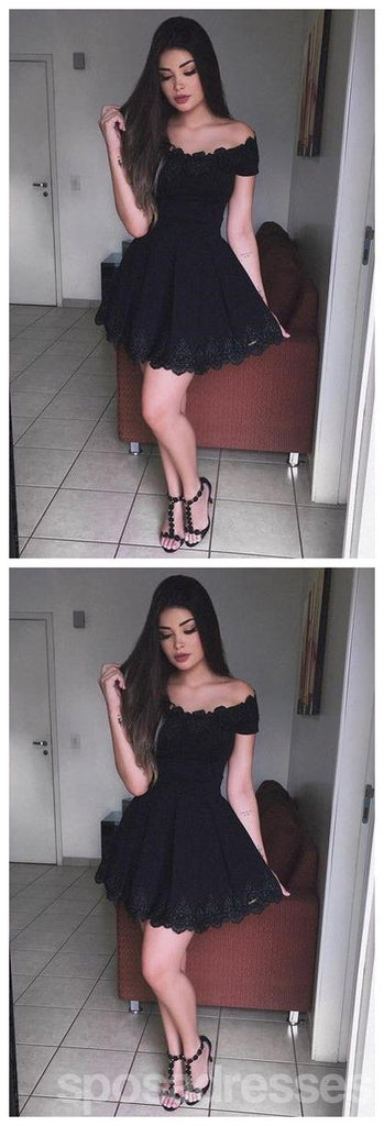 Off Shoulder Black Lace Simple Cheap Short Homecoming Dresses 2018, Little Black Dress, CM548