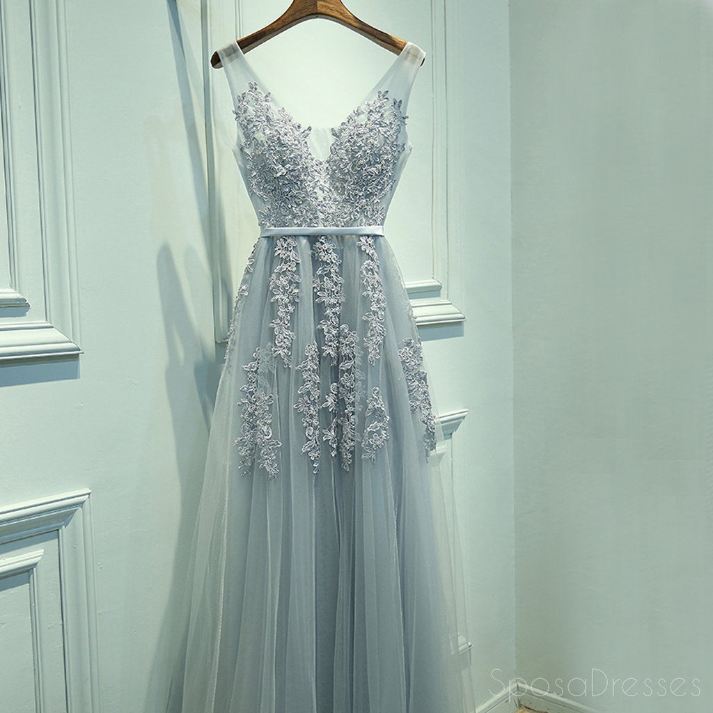 Long Sleeve V Neckline Grey Lace Tulle A line Evening Prom Dresses, Popular Gray Party Prom Dresses, Custom Long Prom Dresses, Cheap Formal Prom Dresses, 17191