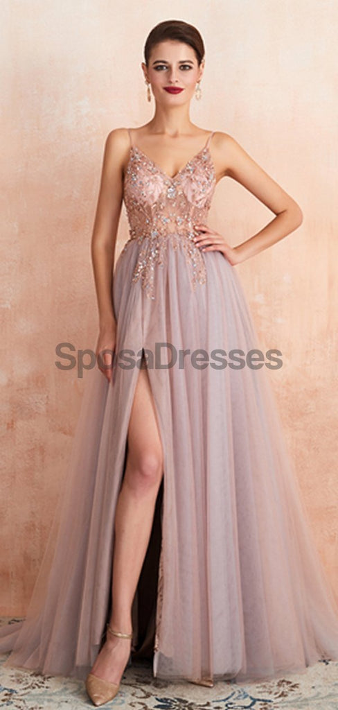 Spaghetti Straps See Through Beaded A-line Long Evening Prom Dresses, Evening Party Prom Dresses, 12135