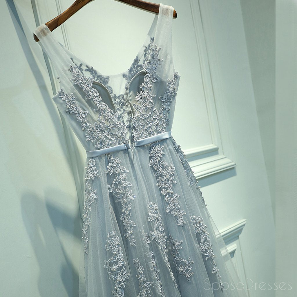 Long Sleeve V Neckline Grey Lace Tulle A line Evening Prom Dresses, Popular Gray Party Prom Dresses, Custom Long Prom Dresses, Cheap Formal Prom Dresses, 17191