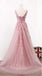 See Through Blush Pink Lace A line Evening Prom Dresses, Long 2018 Party Prom Dresses, 17282