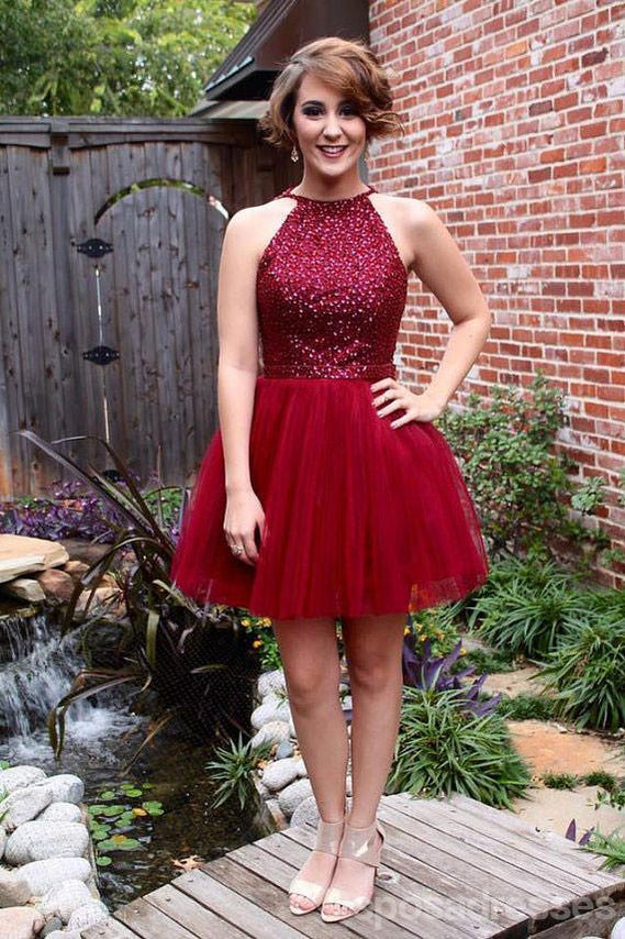 Halter Burgundy Beaded Cheap Short Homecoming Dresses Online, CM603