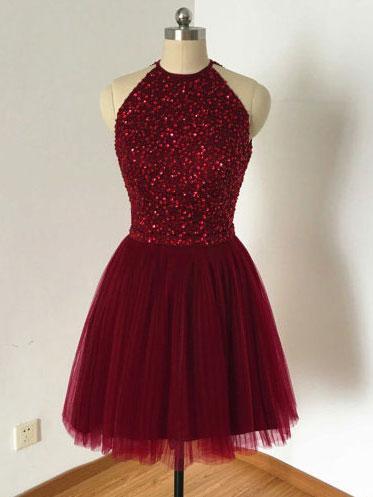 Halter Burgundy Beaded Cheap Short Homecoming Dresses Online, CM603