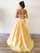 Simple Spaghetti Straps Yellow Side Slit Cheap Long Evening Prom Dresses, Evening Party Prom Dresses, 12145