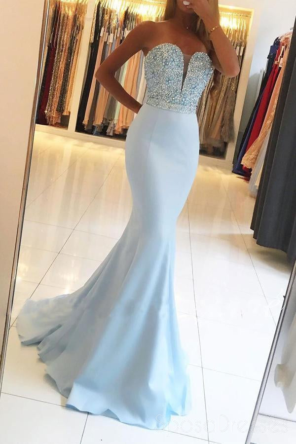 Strapless Light Blue Sweetheart Mermaid Long Custom Evening Prom Dresses, 17455