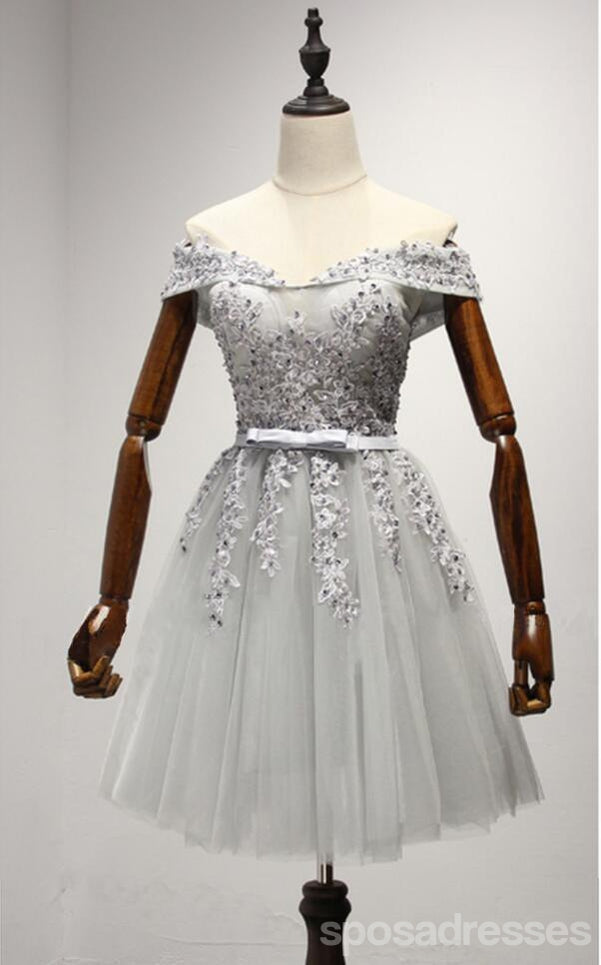 Off Shoulder Gray Lace Cute Homecoming Prom Dresses, Affordable Short Party Prom Sweet 16 Dresses, Perfect Homecoming Cocktail Dresses, CM333