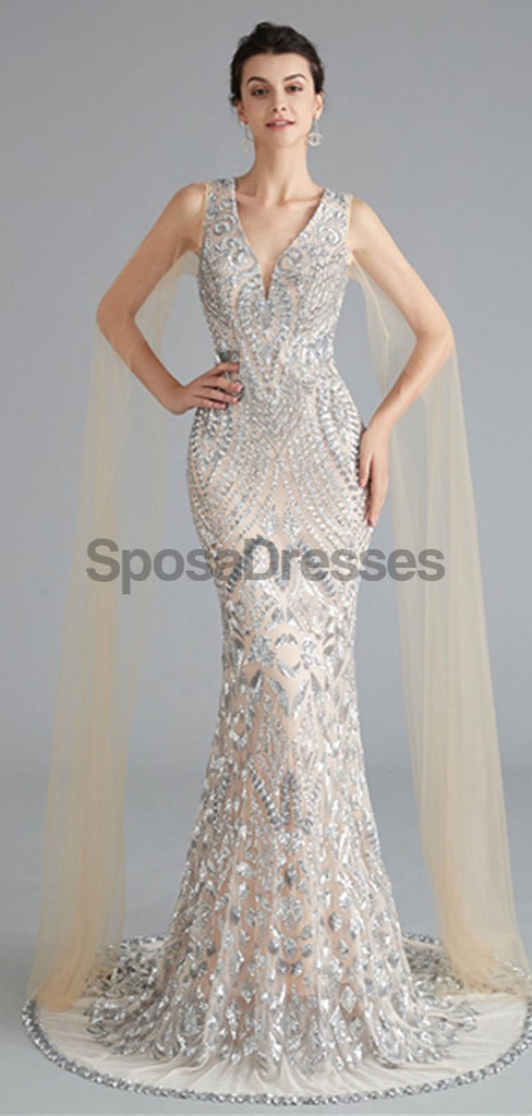 V Neck Unique Sleeves Mermaid Sequin Evening Prom Dresses, Evening Party Prom Dresses, 12118