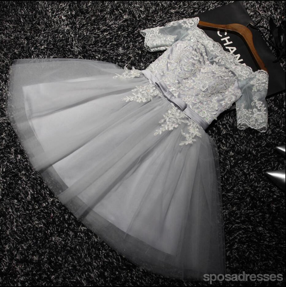 Short Sleeve Gray Lace Homecoming Prom Dresses, Affordable Short Party Prom Dresses, Perfect Homecoming Dresses, CM209