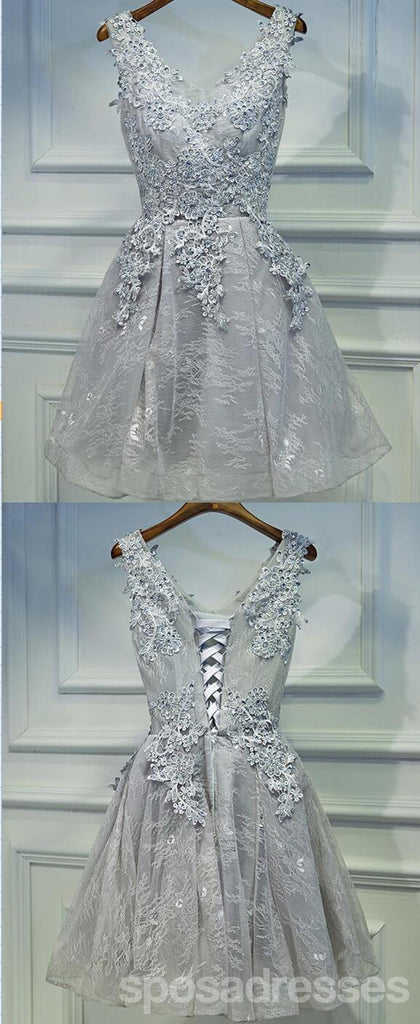 Two Straps Gray Lace Beaded Homecoming Prom Dresses, Affordable Short Party Prom Dresses, Perfect Homecoming Dresses, CM263